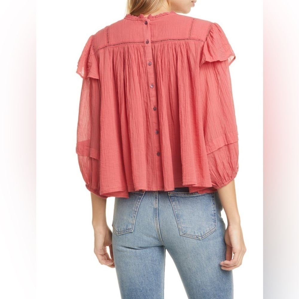 Free People Women’s Boho Flora Ruffle Oversized Crochet Top Salmon Pink Sz M - Picture 2 of 13